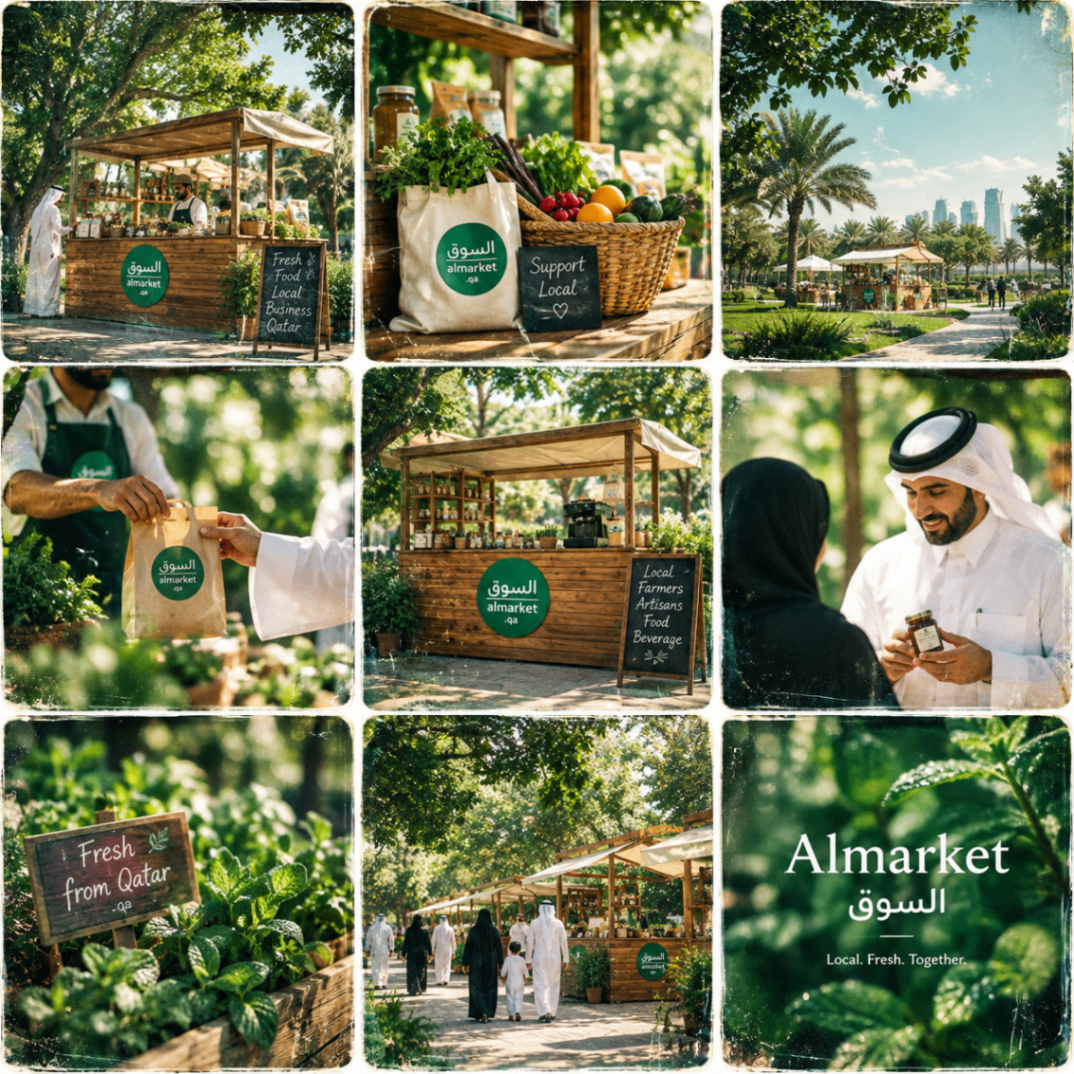 Almarket concept scenes showing kiosks, local produce and visitors in a park